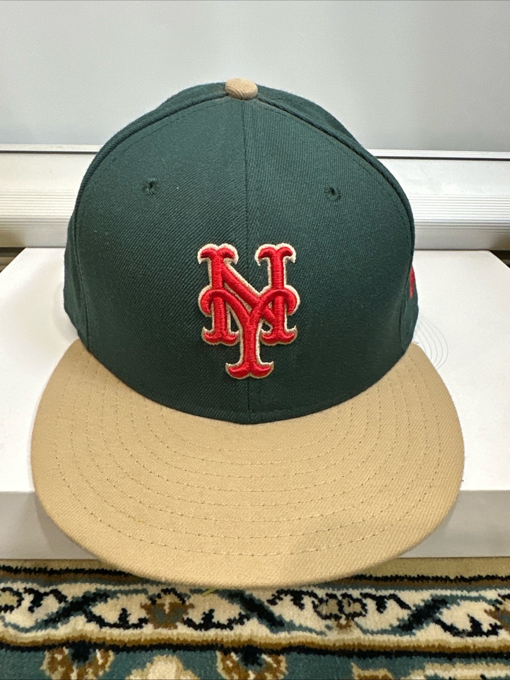 Green and Tan Baseball Cap with Red Logo - Men's Accessory New York Metz